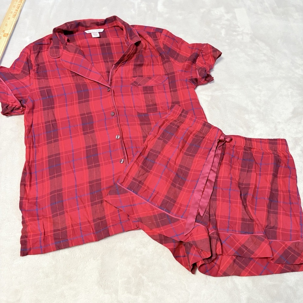 VICTORIA'S SECRET Flannel Short Pajama Set Red Small Women's Short Sleeve Top